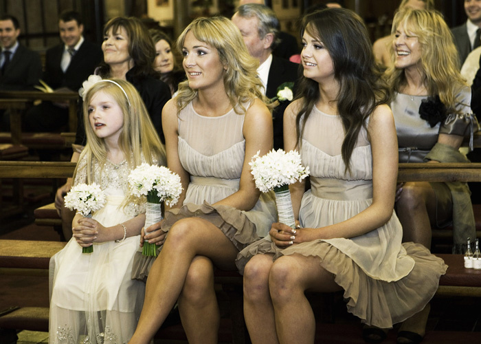short pink and cream bridesmaid dresses